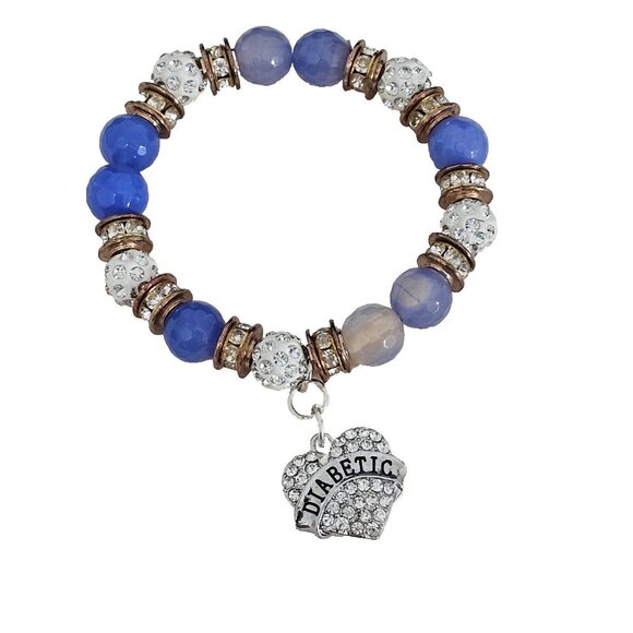 Diabetic Bracelet Stretch Women Multi-colored Pave crystals w/Heart 3/4" Charm - Picture 2 of 4